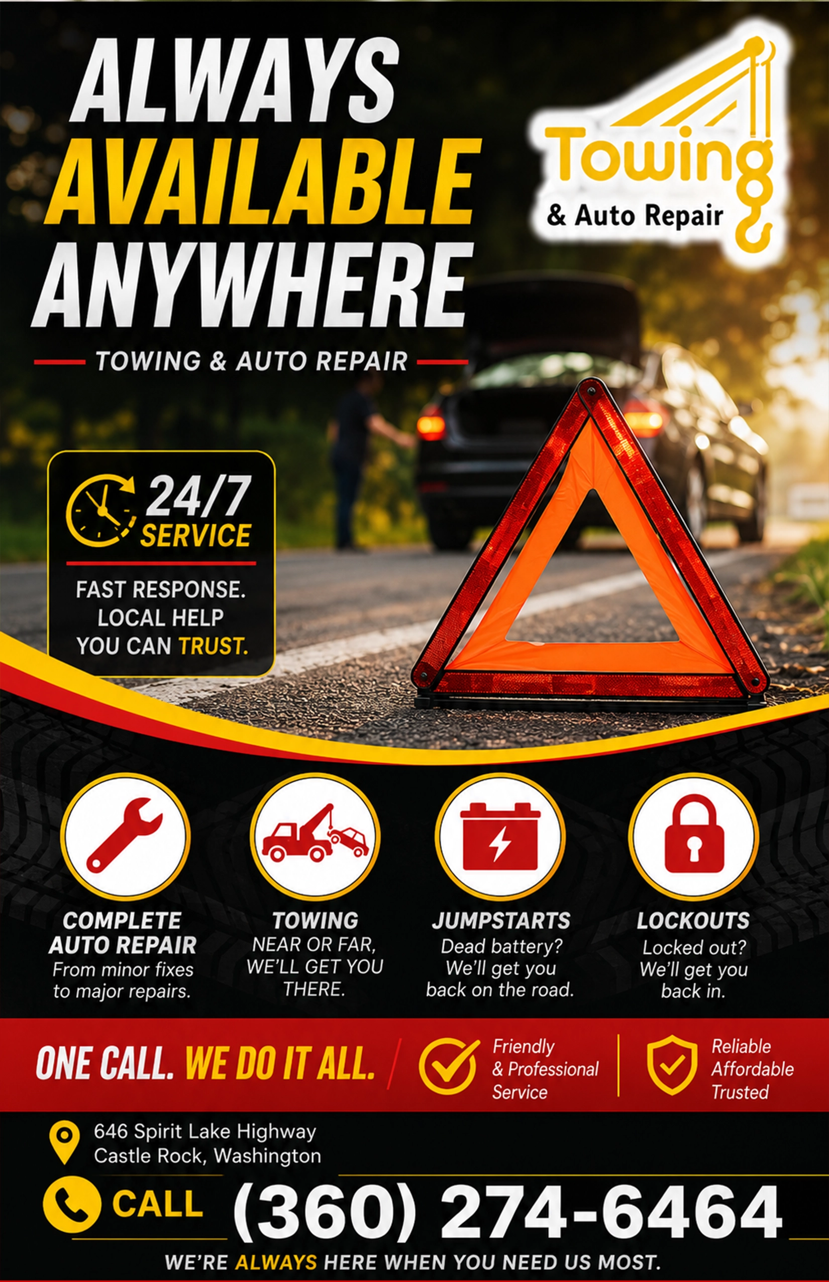 Always Available Anywhere Towing and Auto Repair advertisement